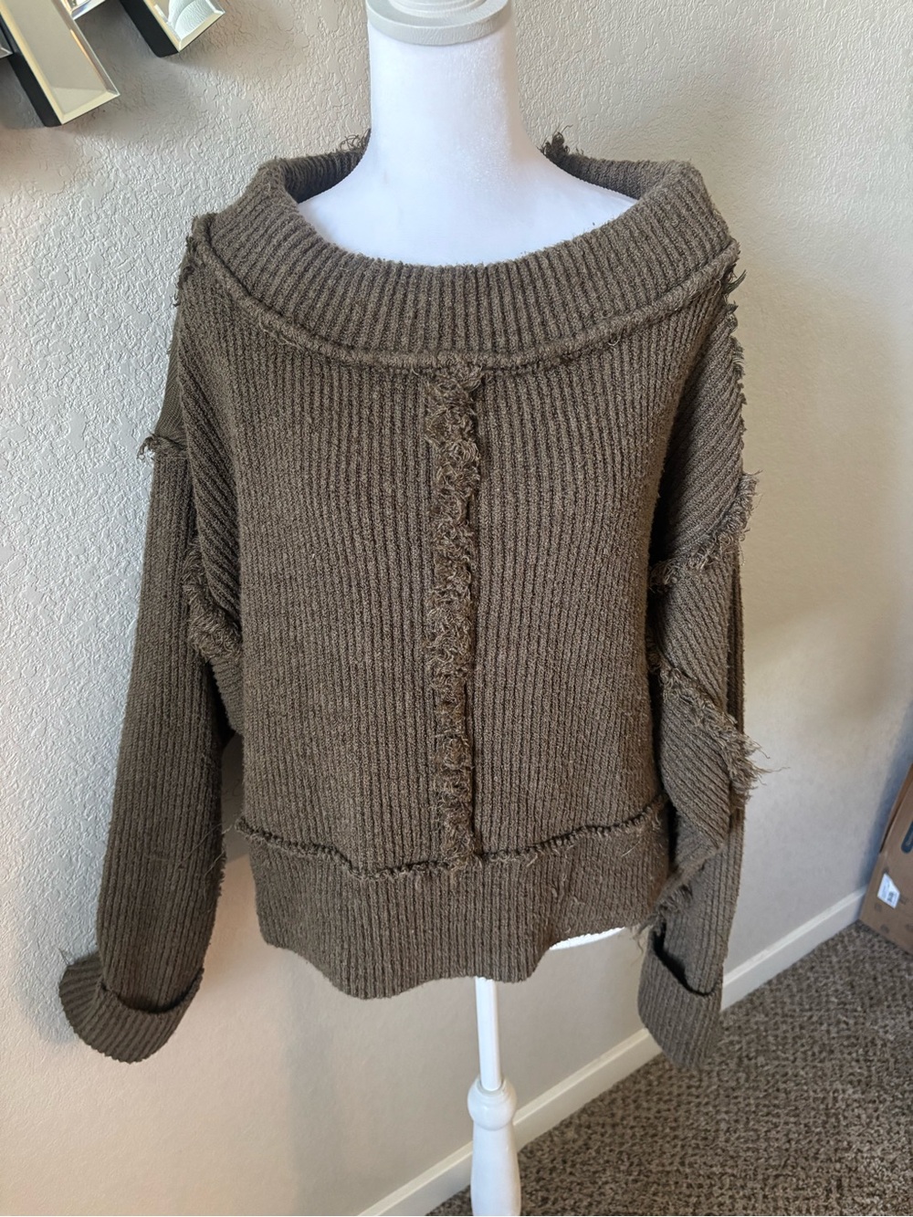 Free People Olive Green Distressed Off-the-Shoulder Ribbed Sweater